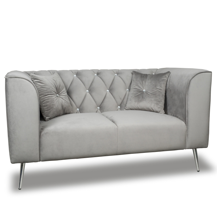 Sofa skandynawska dwuosobowa na wysokich metalowych nogach, sofa pikowana w guziki kryształowe - Kare 2-osobowa